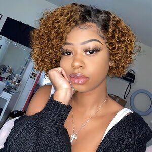 Love Human Hair Wigs Curly Wave Side Part Wig Short Bob Pixie Cut